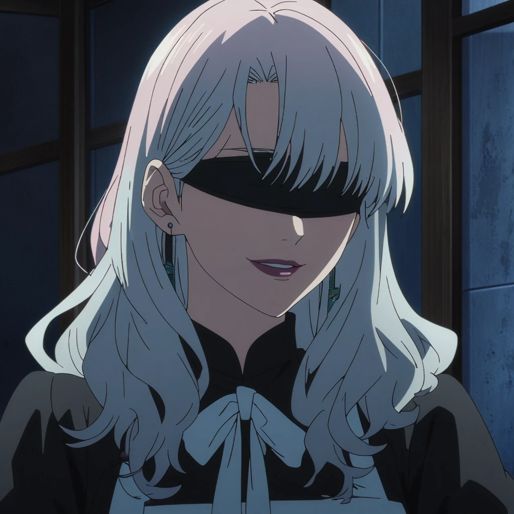 1girl, female gojo satoru, anime screencap from jujutsu kaisen, gojo satoru female version, solo, long_hair, ((wearing black blindfold)) ((white_hair, wavy hair)), night view, (hanging breasts) upper_body, smile, indoors, book, lips, (long hair) ((wearing maid costume)) breast, "very detailed and high resolution" (black blindfold) ((solo)) (((front view))) (earings) ((high resolution)) ((good quality)) ((silky hair))