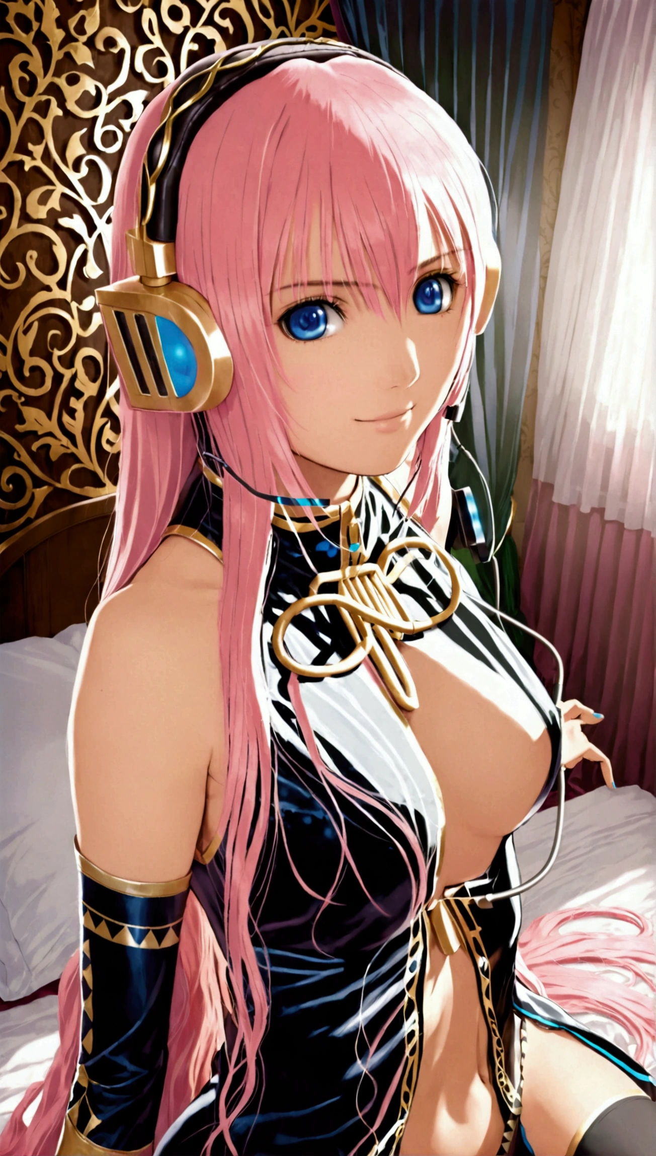 Detailed and beautiful depiction 1.3,Official Art:1.2,Beautiful adult woman ,Megurine Luka in official costume:1.2,Pink long hair,blue eyes,Black and gold costume,headphone,smile,Bedroom