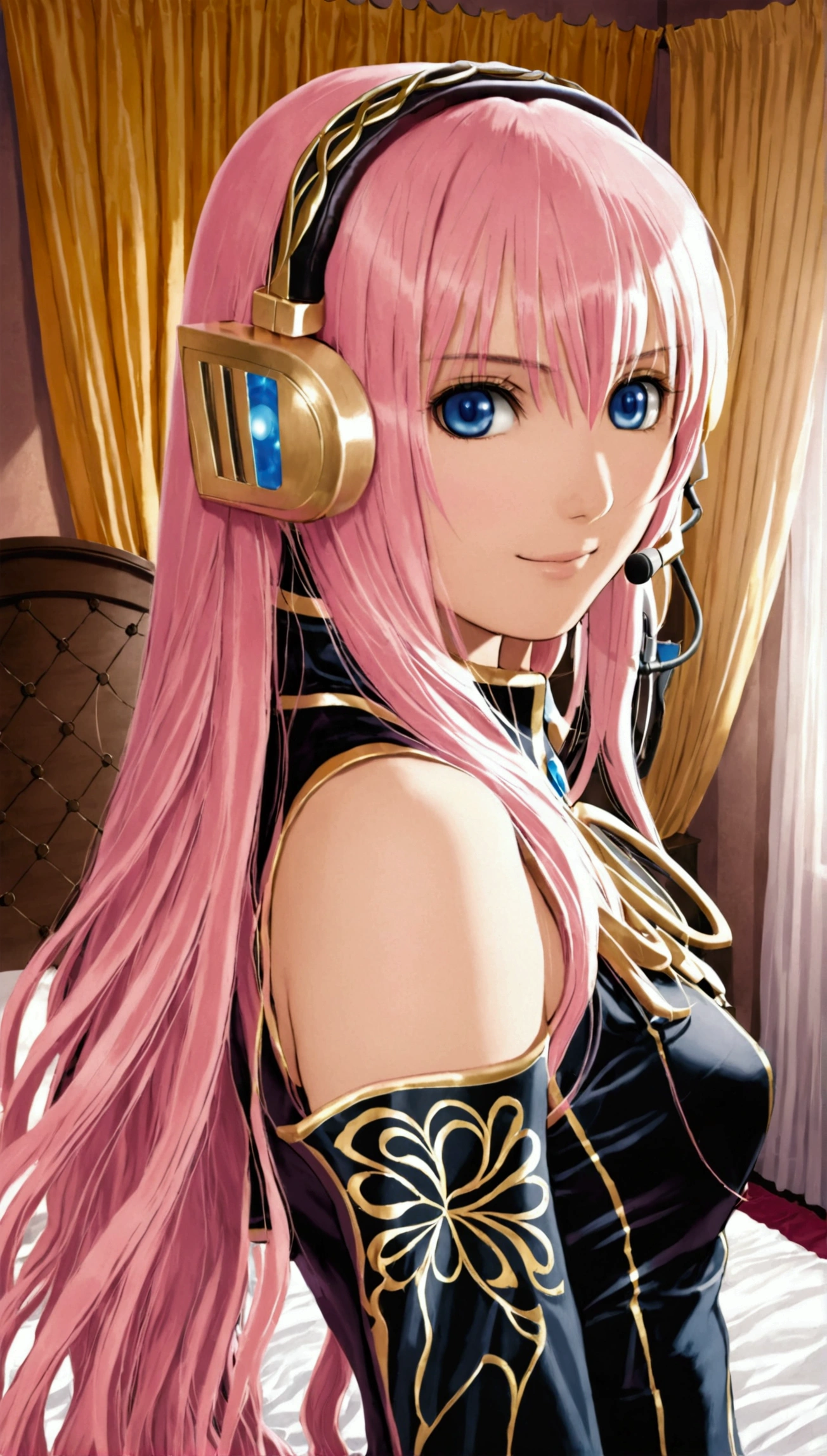 Detailed and beautiful depiction 1.3,Official Art:1.2,Beautiful adult woman ,Megurine Luka in official costume:1.2,Pink long hair,blue eyes,Black and gold costume,headphone,smile,Bedroom