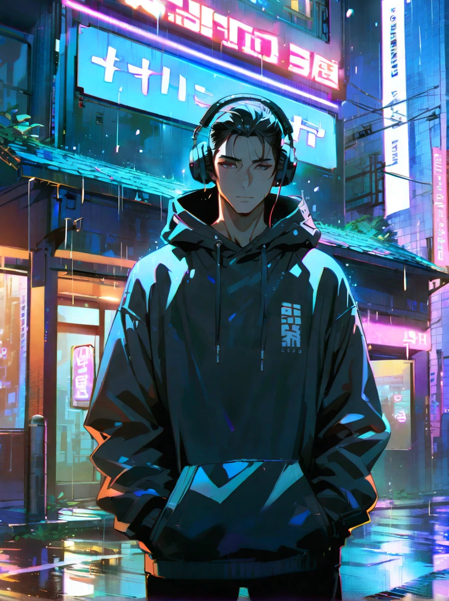 masterpiece,One Man,alone,Black hoodie,Headphones, street,Outdoor,rain,Neon Light,