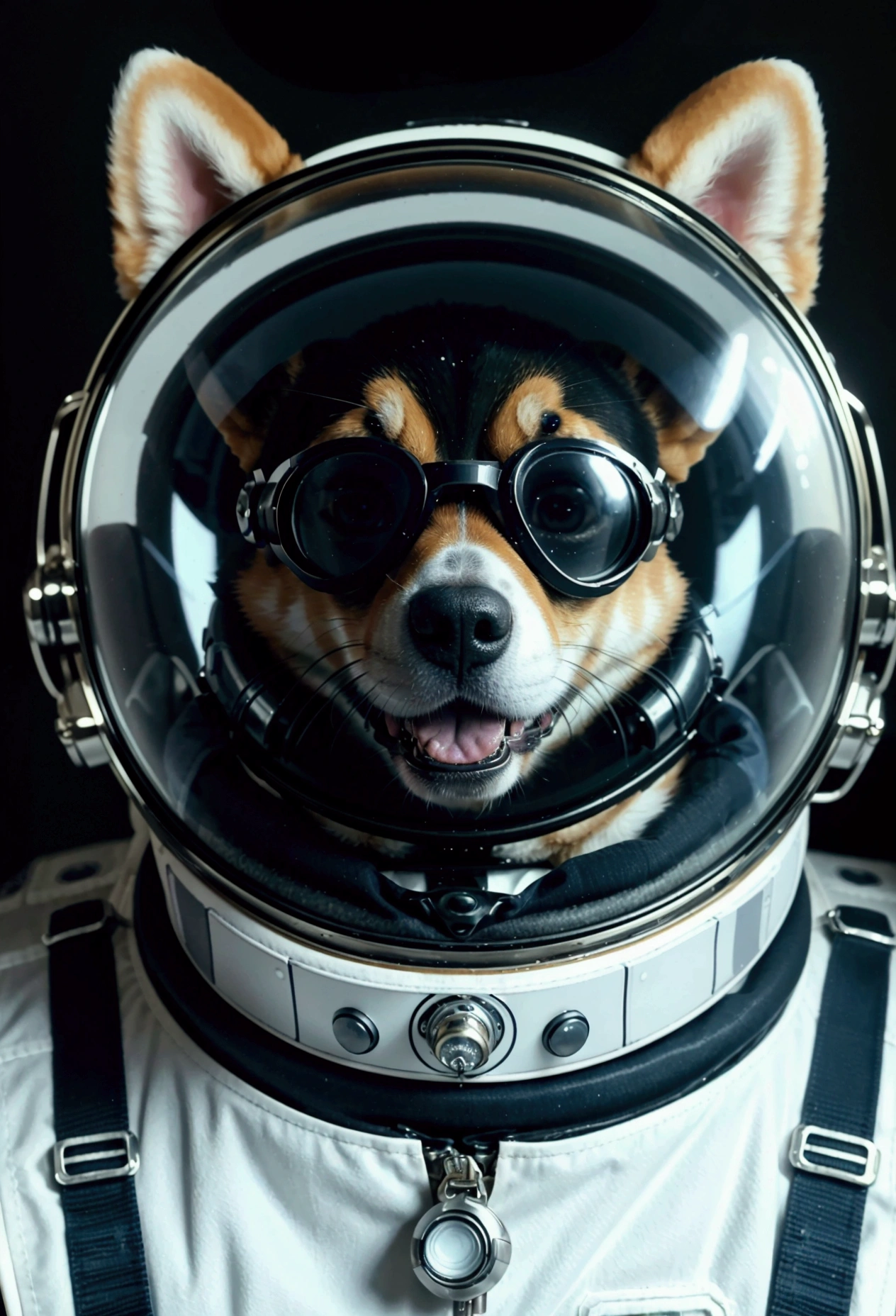 a close up of a dog wearing goggles and a space suit, corgi cosmonaut, shiba inu cosmonaut portrait, dog in a space suite, high quality portrait, high detailed illustration, extremely high quality artwork, highly detailed illustration, furry character portrait, shiba inu cosmonaut, synthwave art style, detailed portrait, for a sticker