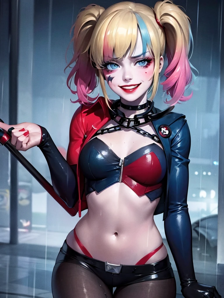  Harley Quinn standing in the middle of a rain-drenched street, her soaked clothes clinging to her body, no underwear, a wicked smile on her face, wearing outfit batman suit. 