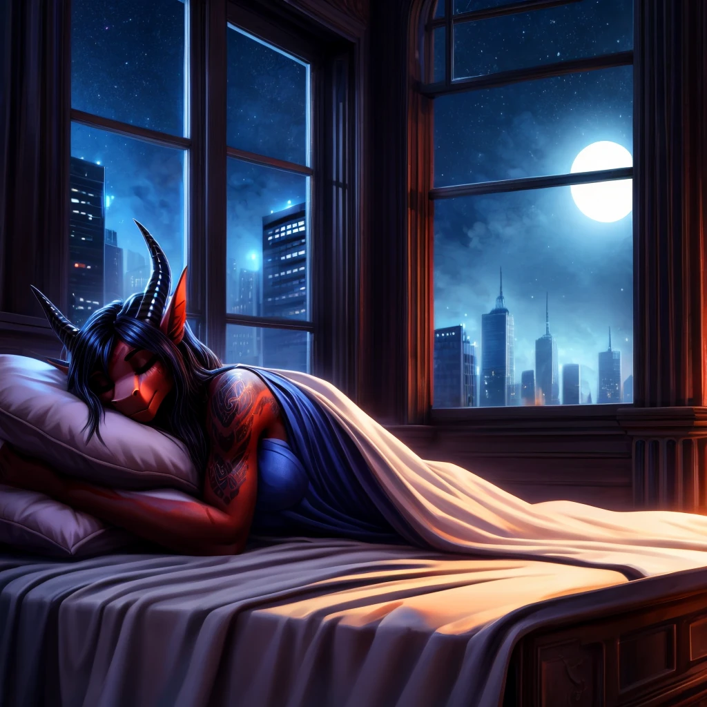 Anthro dragon, red-skinned, female,(Detailed scales), solo, 1 person, 8k,4k,(masterpiece:1.21), (best quality:1.2), (illustration:1.2), (cinematic lighting:1.3),(Ultra detailed), with long, flowing black hair, wearing blue night dress, sleeping in her bed under the white blanket, while the white full moon in the middle of the window is ,,shining,, through the open window where in the distance we can see modern night city (New york) at the lovely summer night and few shadows are crawling on the walls, pair of black polished horns, night theme