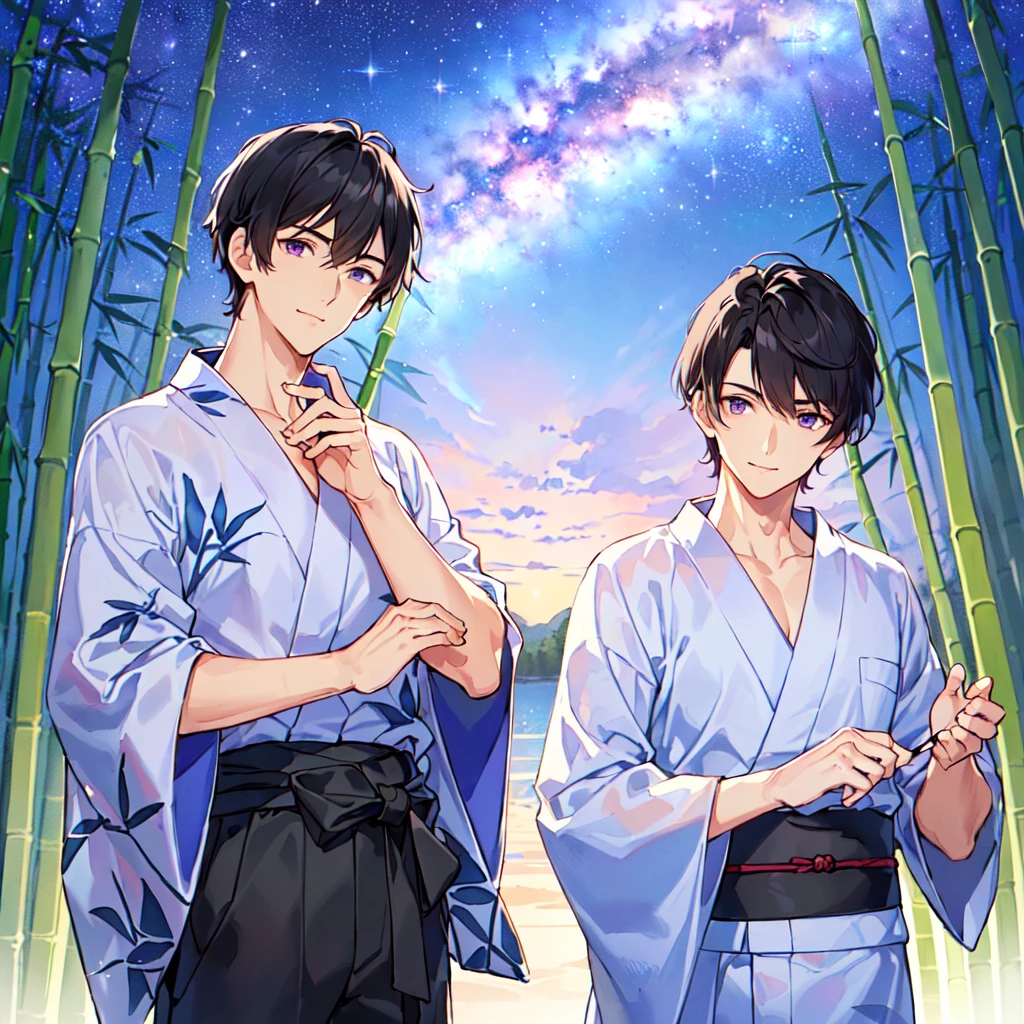 masterpiece,best quality,high quality,(1 male austere handsome solo adult age 30:1.5), purple eyes, cool with drooping eyes, V-shaped eyebrows, body strong and fearless 8.5 head tall, height 185cm, (well-groomed short black hair down to neck:1.4), (bangs 7 thirds parted:1.4), slender nose, facial muscles, throat, (Japanese print summer yukata with short sleeves and pants:1.3), (stylish pose), (cool smile:1.3), (bamboo forest in background:1.3), (Milky Way Night Sky: 1.3), (upper body:1.3)