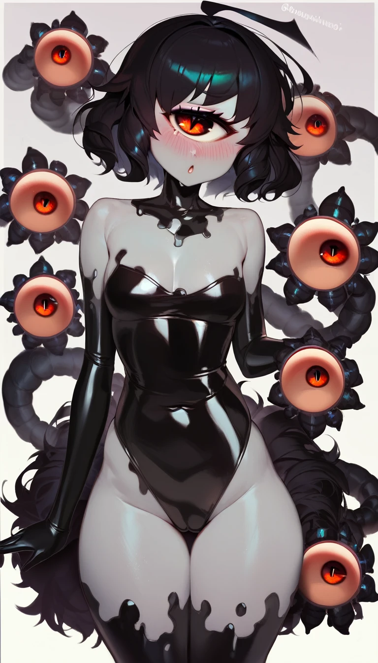 ((masterpiece)), ((Highest quality)), (High resolution, sharp, fractal), One girl, (((Monocular, One Eye, Cyclops))), Grey Skin, Black Hair,Curly hair, Short Hair, (((Big Tits:1.2))), Plump figure, ((Plump thighs)), ((leotard)), ((standing)), Showing her ass, slit, Red Eye, Heart mark on the eye, Are standing, blush, blush, sauce_anime, score_9, score_8_up, score_7_up, rating_explicit, Clear lines, NSFW:1.2