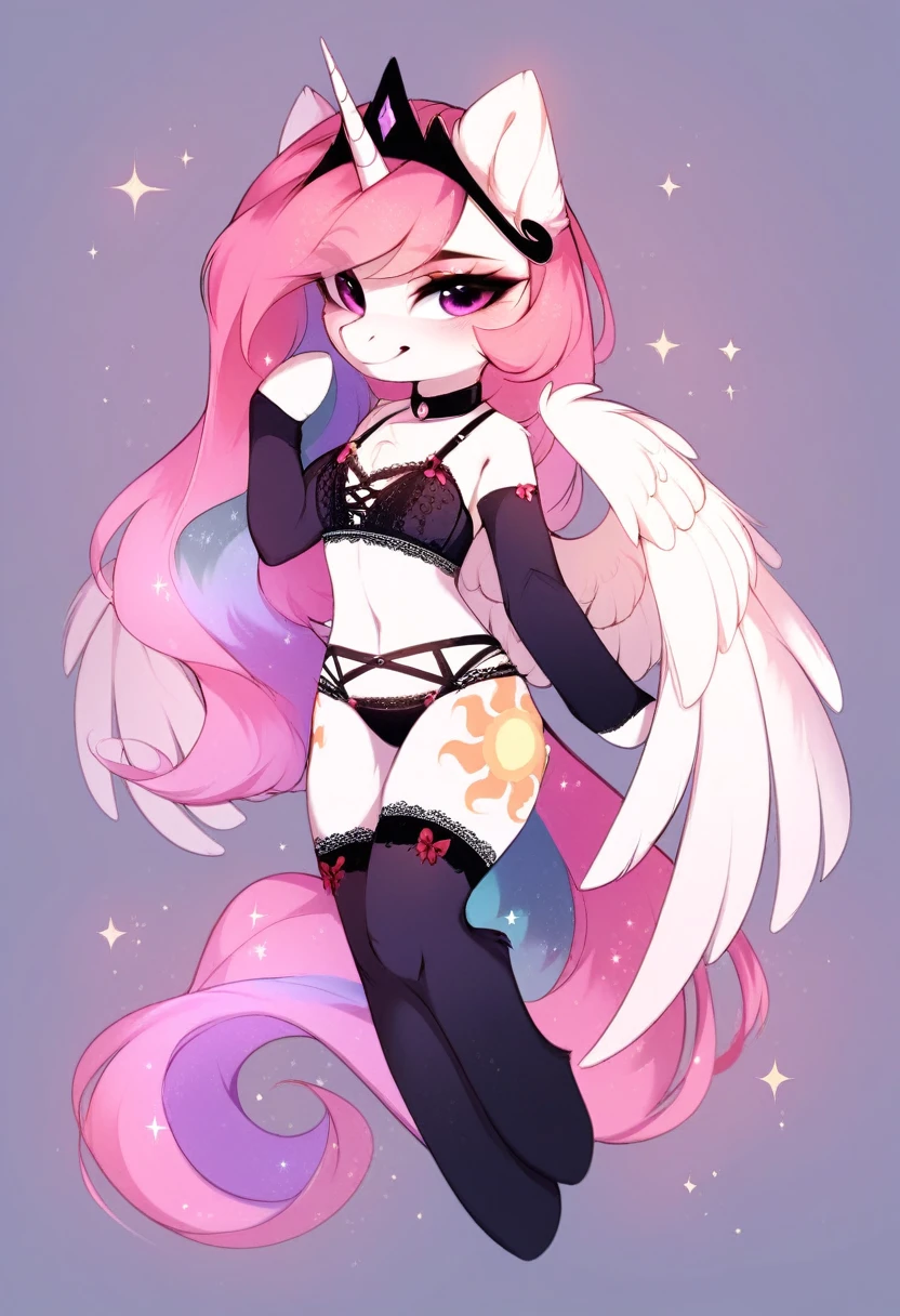check_9, check_8_up, check_7_up, source_fluffy, rating_safe, from Magnaluna, Celestia poses seductively in a white bedroom, Celestias mane shoulder length with bangs, pink eyes, white body, anthro, blushing, wearing goldern lingerie, full body