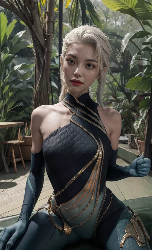 (The tall girl puts her hand in front of her and points to the side), combat pose, BREAK, (Dark background, Bamboo forest), (Slender_thighs:1.3), ((small breastes)), Slender_thighs, white hair, 1girl, solo, (Miniature body:1.4), gorgeous cleavage, Posing shirtless, detailed feminine anatomy, the perfect body, Detailed body, detailized face, Beautiful anatomical eyes. BREAK Kaisa Dragon Lagoon,  The BREAK is very detailed, Intricately detailed art, Artstation's Detailed Triadic Color Trend in Unreal Engine 5, 8K resolution, deviantart masterpiece.