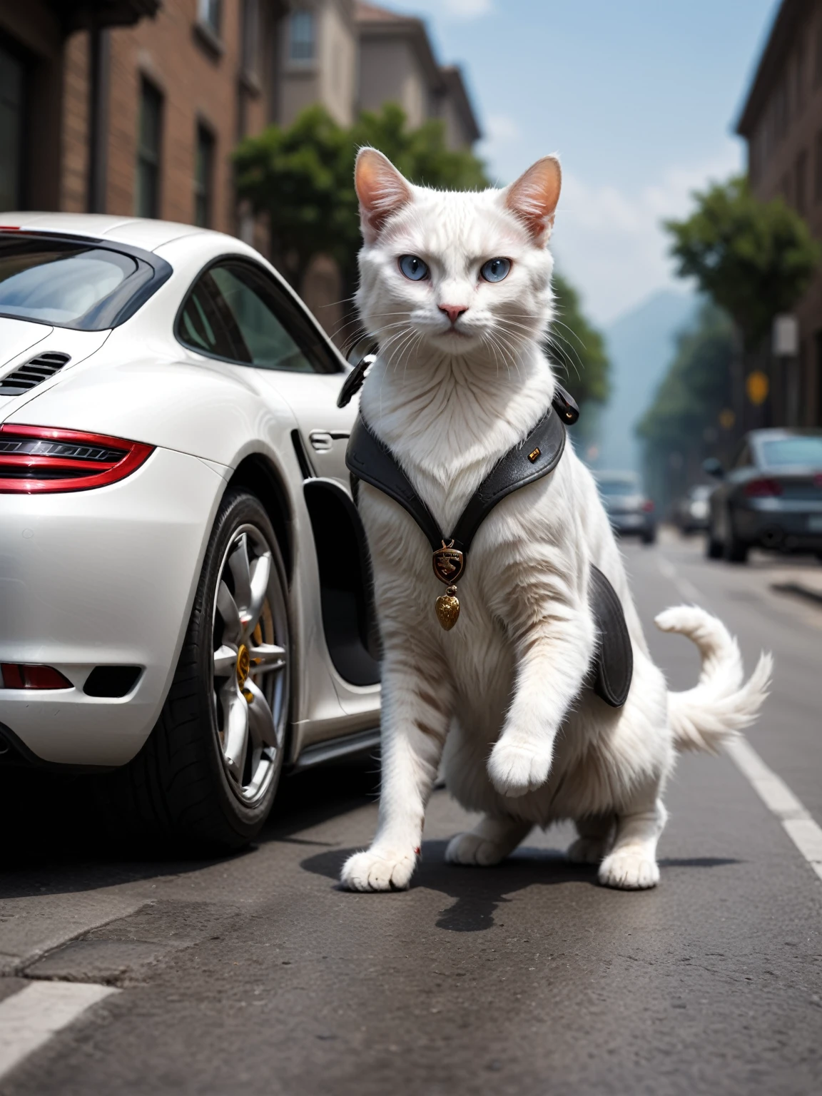 a white cat driving a porsche and looking at a pretty cat on the street.