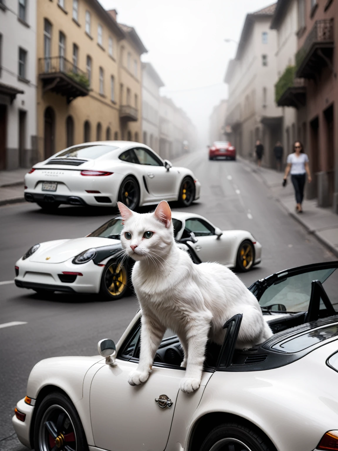 a white cat driving a porsche and looking at a pretty cat on the street.