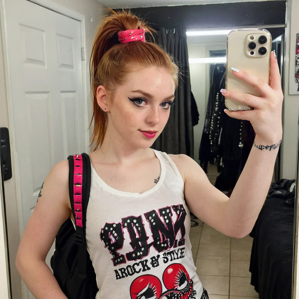 ************, ginger girl, punk rock style, punk rock make up, ponytail, iphone mirror selfie