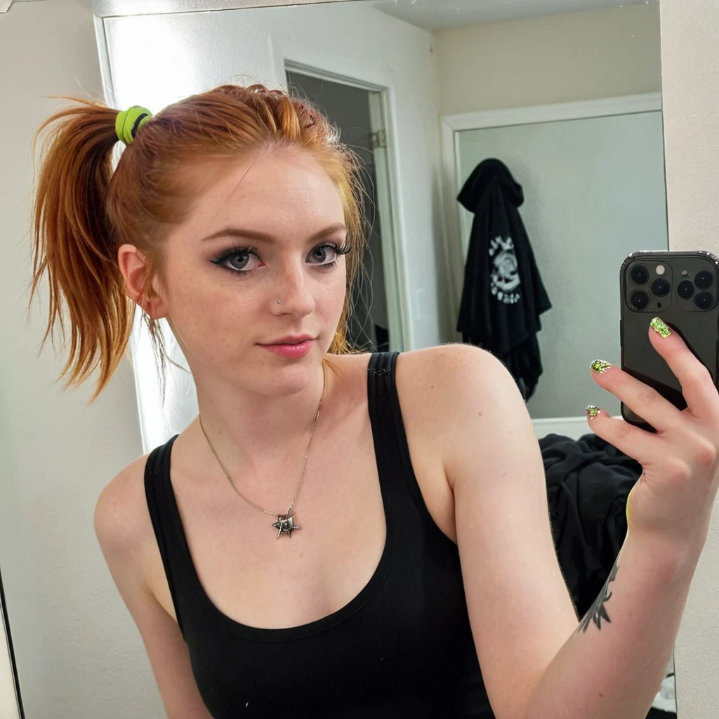 14 years old, ginger girl, punk rock style, punk rock make up, ponytail, iphone mirror selfie