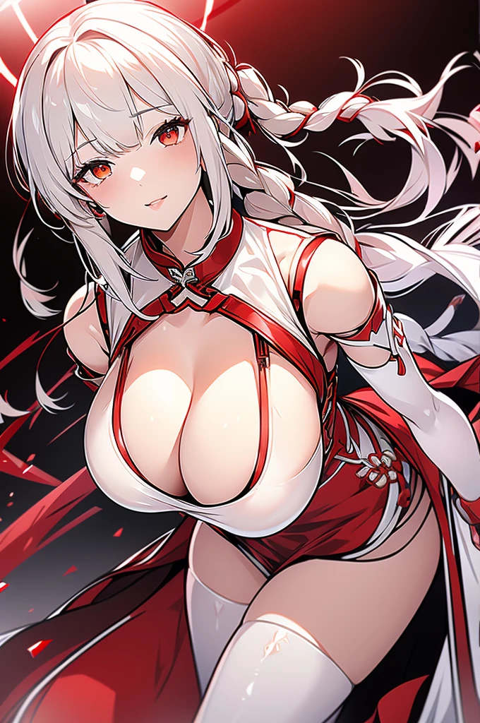 Silver and long hair、Red eyes、woman、美しいwoman、Large Breasts、White Machine Skin、The whole body of the machine、Mechanical joints、A mechanical body made entirely of red and white、sword、A revealing red and white Chinese dress、Cheongsam with cleavage visible