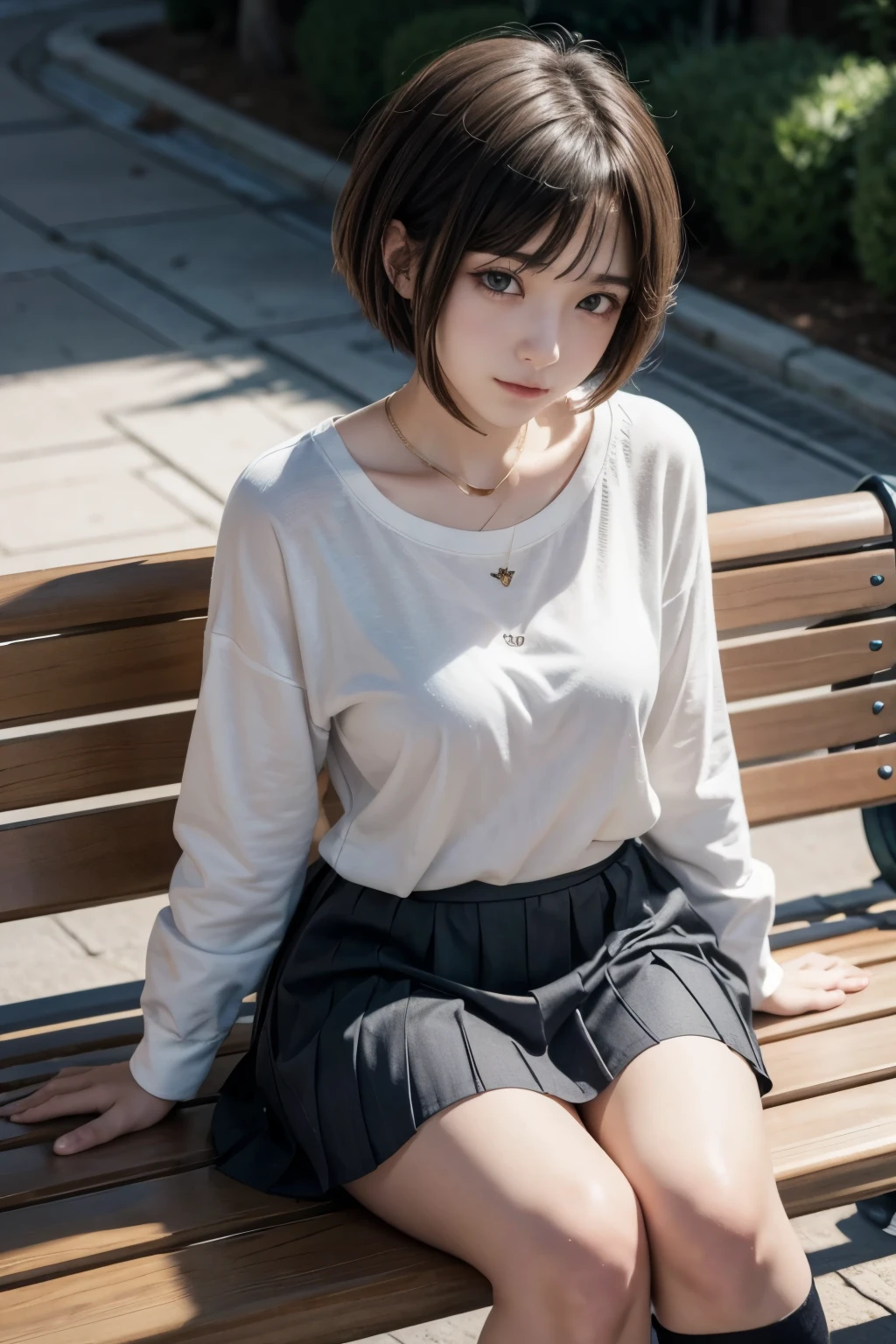 An anime girl sitting on a bench with short hair and a skirt