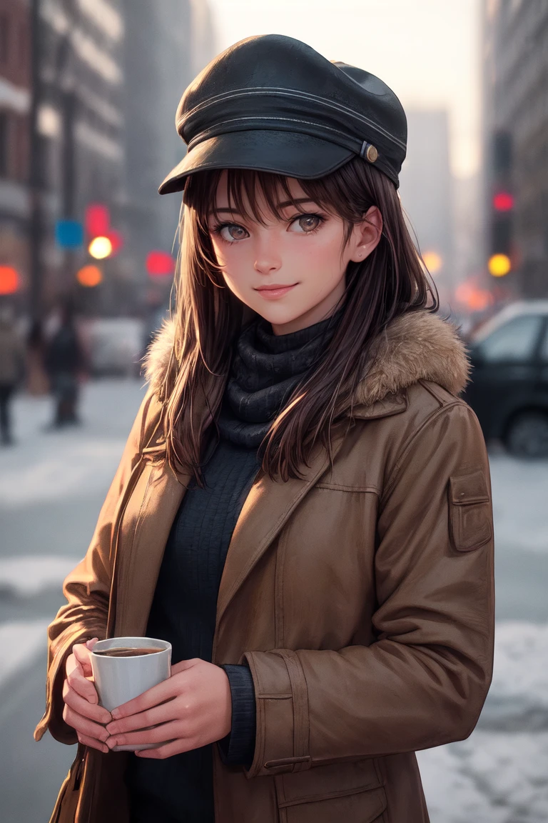 cinematic film, Realistic photograph,
1girl, solo, looking at viewer, smile, brown hair, hat, hair between eyes, brown eyes, closed mouth, upper body, outdoors, day, medium hair, lips, coat, ground vehicle, building, motor vehicle, realistic, winter clothes, car, road, street, photo background, real world location,
shallow depth of field, vignette, highly detailed, high budget, bokeh, cinemascope, moody, epic, gorgeous, film grain, grainy,