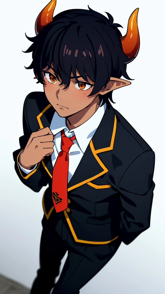 (1boy,18 years old,solo),((dark skin)),short hair,hair between eyes,black hair,elf ears,(horns),orange eyes,(no background, simple background),red necktie,black jacket, blazer,long sleeves,pant,walking,(from above),shy,blush