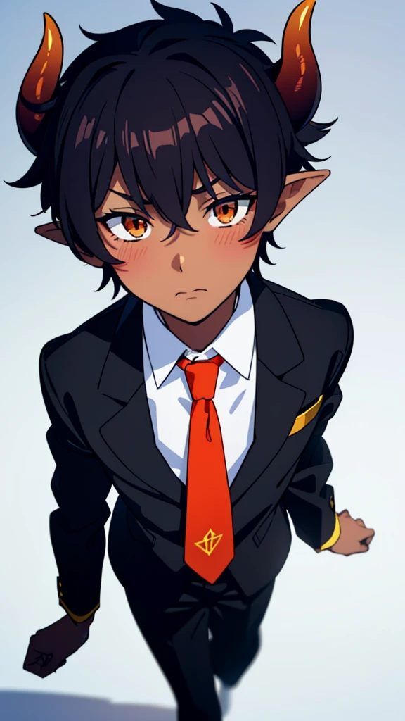 (1boy,18 years old,solo),((dark skin)),short hair,hair between eyes,black hair,elf ears,(horns),orange eyes,(no background, simple background),red necktie,black jacket, blazer,long sleeves,pant,walking,(from above),shy,blush