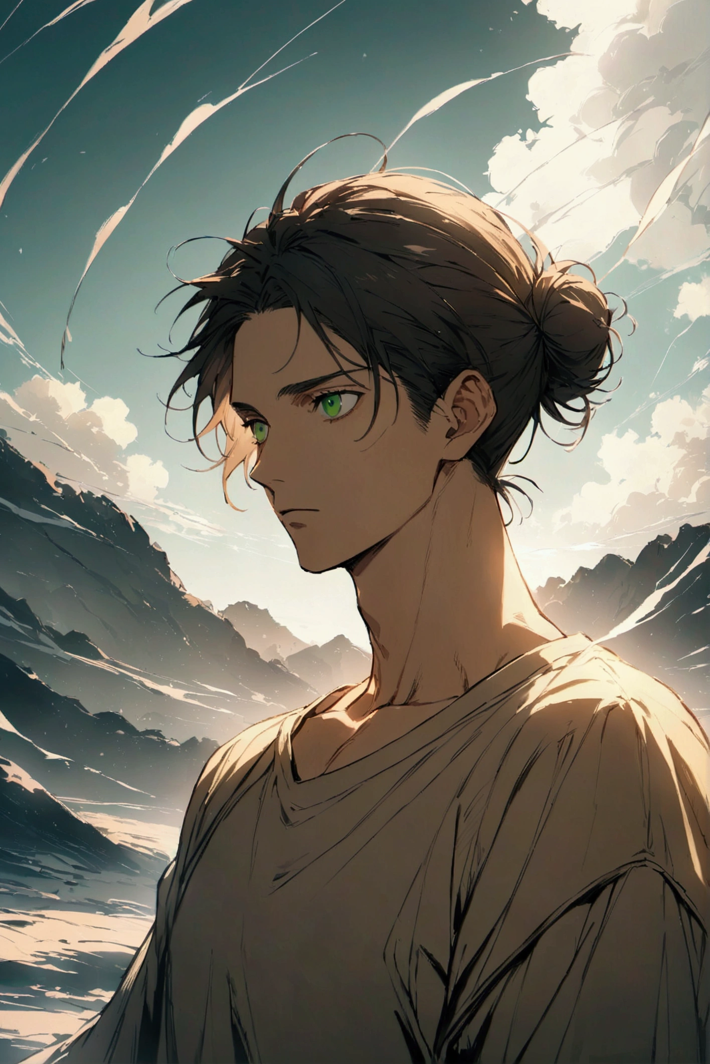 Brown man bun hair、Handsome man in his 20s(1 male,Ellen Yeager)(Attack on Titan),Green Eyes,Expressionless,(He is wearing a beige T-shirt、in addition, I'wearing a long hoodie.),(masterpiece:1.3),(Highest quality:1.4),(Very detailedな:1.5),High resolution,Very detailed,unity 8k wallpaper,Decadent,Wind,Achieve smooth design