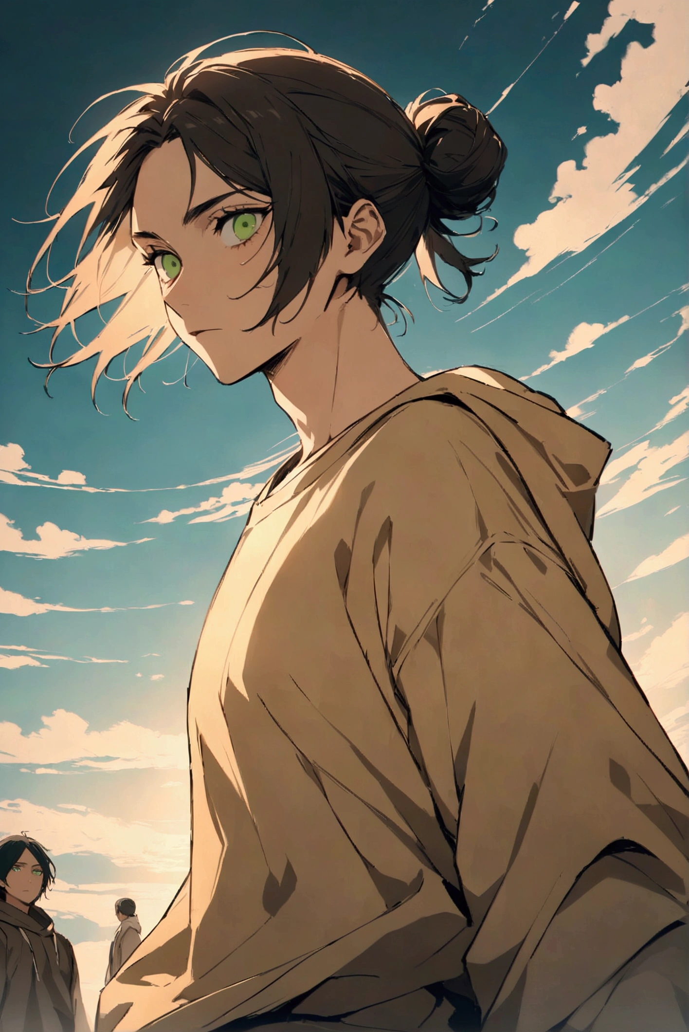 Brown man bun hair、Handsome man in his 20s(1 male,Ellen Yeager)(Attack on Titan),Green Eyes,Expressionless,(He is wearing a beige T-shirt、in addition, I'wearing a long hoodie.),(masterpiece:1.3),(Highest quality:1.4),(Very detailedな:1.5),High resolution,Very detailed,unity 8k wallpaper,Decadent,Wind,Achieve smooth design