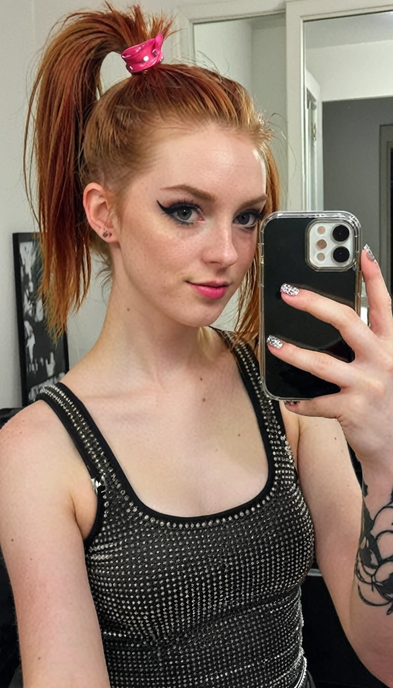 ************, ginger girl, punk rock style, punk rock make up, ponytail, iphone mirror selfie