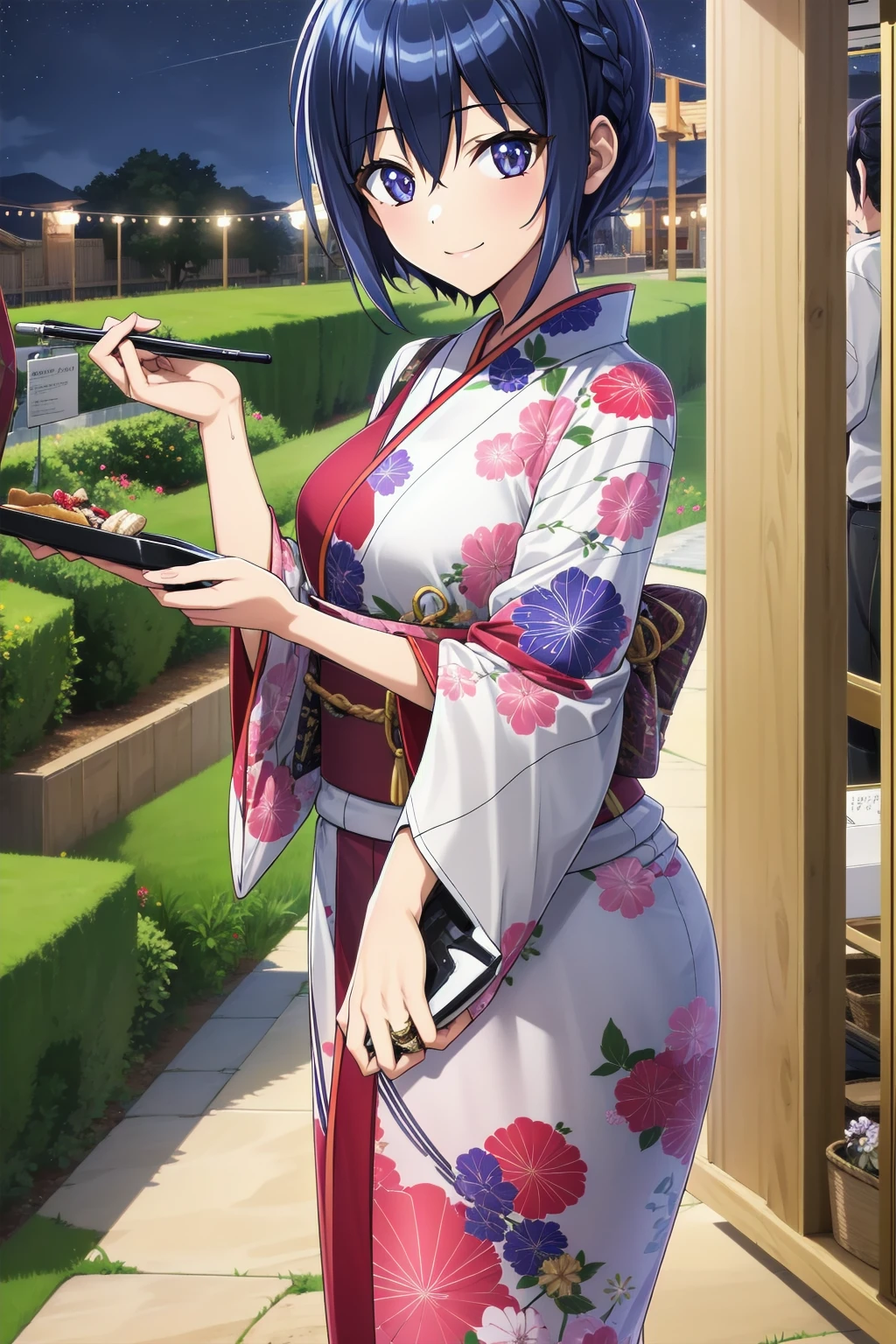 1girl, solo, short hair,
braid, eyebrows visible through hair, purple hair,
smile, cowboy shot, look at viewer,
kimono, yukata, outdoor, night, festival background, lights,