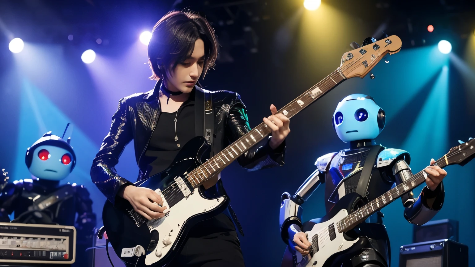 criar many robots playing guitar together on stage, robot eletronic style, on stage, lights, ELETRIC GUITAR STYLE. 8K,ON STAGE, UNIQUE UNIVERSE , robots rock band