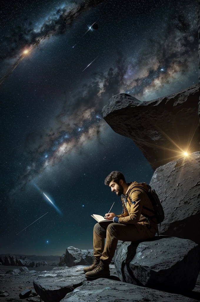 Draw a young programmer., sitting on a broken stone cross, floating in the middle of an asteroid belt. He is studying with a notebook., surrounded by several asteroids that shine with fiery auras. Spectacular illumination of distant stars and planets illuminates the scene., casting deep shadows on the suit. The young man seems confident and determined., looking at the vast and mysterious universe with awe and respect,facial hair.