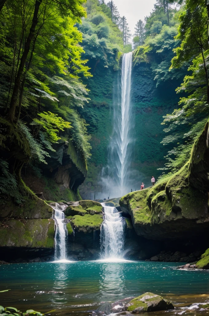 Tempting scenery of nature with waterfall and forest
Where four friends enjoying their holidays in the nature