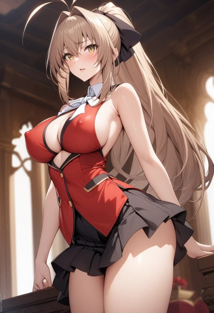 masterpiece, best quality, very aesthetic, absurdres, 1girl, mature_lady, ,,sento isuzu, amagi brilliant park, yellow eyes, antenna hair, long brown hair, ponytail, hair intakes, medium breasts, hair bow, bare shoulders, red vest, sleeveless, white neck ribbon, black pleated skirt, frilled miniskirt, slim thighs,,in a palace,blur background,background defocus,covered_nipples