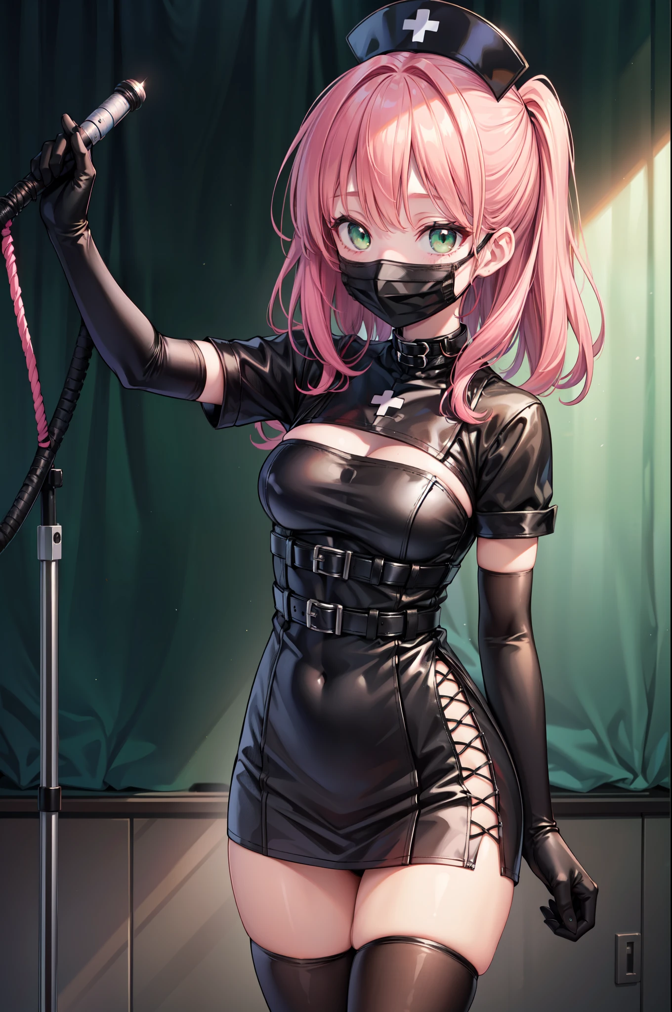 black nurse, 1girl, solo, black nurse cap, black nurse uniform, ((black legwear, zettai ryouiki)), black elbow gloves, pink hair, green eyes, drooping eyes, ((black surgical mask, covered nose)), standing, ((surgery room)), sharp outline, short sleeves, best quality, masterpiece