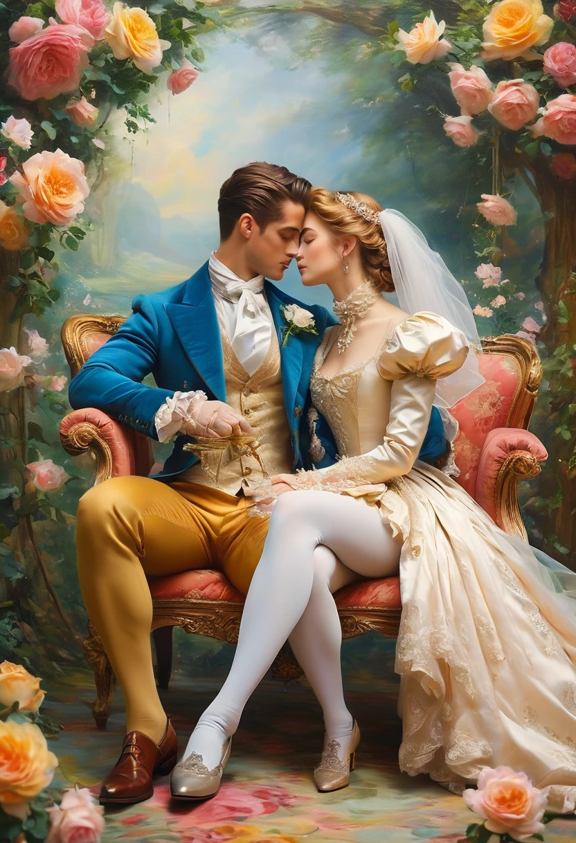 oil painting of handsome gay couple of hunk irish mens with a wedding suits,cuddling,in a beautiful rose swing,morning bright, warm vibrant,by beatrix potter,soft shadows,dreamy,etheral atmosphere,masterpiece,baroque,masterpiece,sharp details,massive level of details,trending on pinterest,
