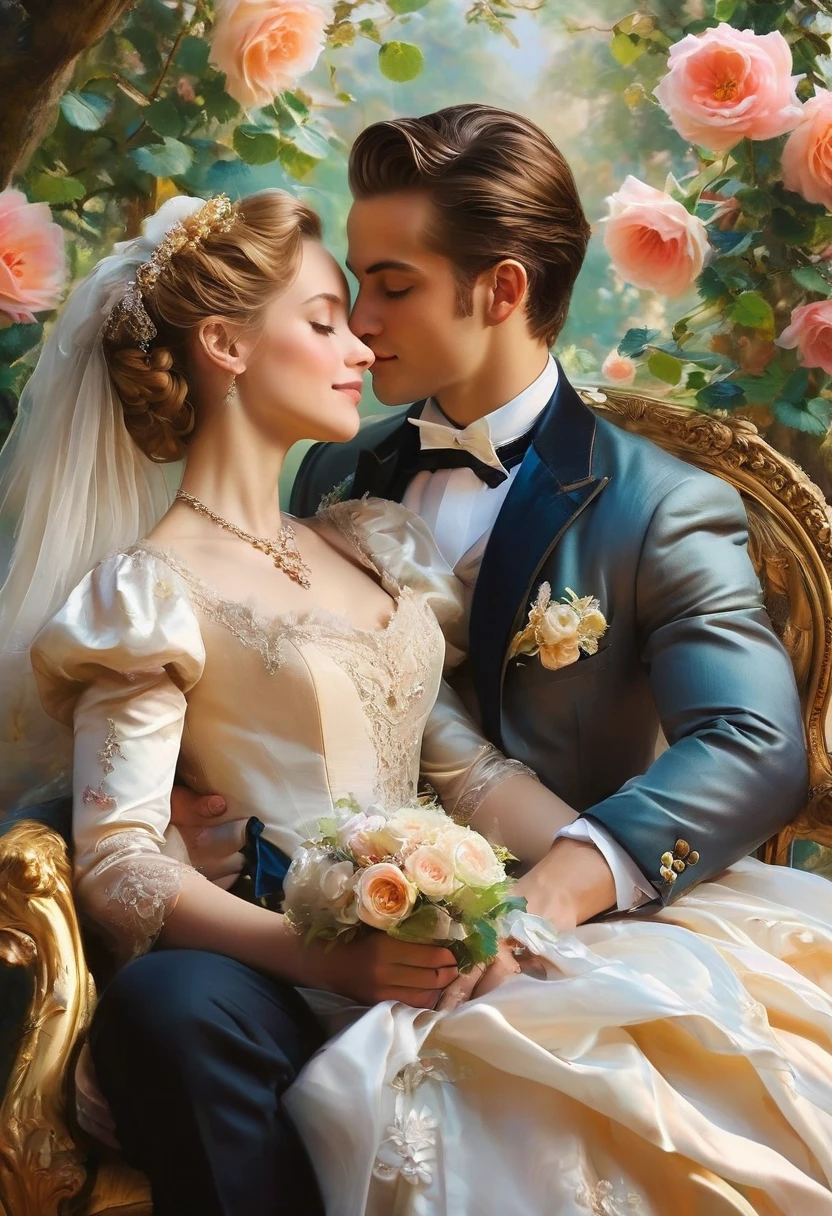 oil painting of handsome gay couple of hunk irish mens with a wedding suits,cuddling,in a beautiful rose swing,morning bright, warm vibrant,by beatrix potter,soft shadows,dreamy,etheral atmosphere,masterpiece,baroque,masterpiece,sharp details,massive level of details,trending on pinterest,
