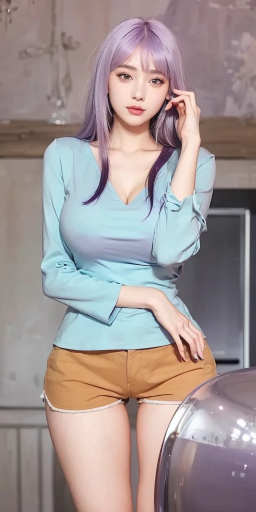 1girl,huge breast, purple hair, high quality, ultra detailed, masterpiece, realistic