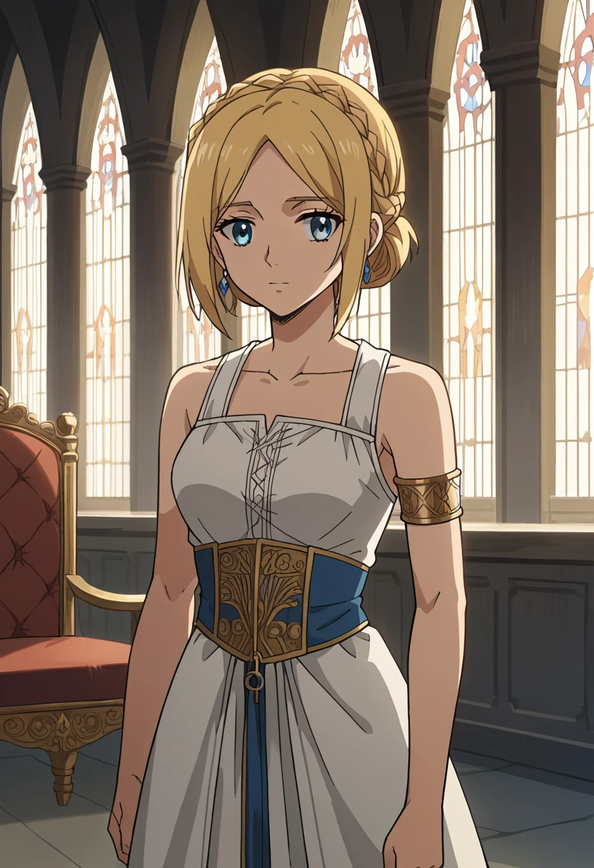 score_9, score_8_up, score_7_up, source_anime, best quality, high resolution, masterpiece, absurdres,vector trace,anime screencap, key art style, cinematic lighting, morning, 1girl, solo,  medieval, taint glass, historia reiss,blue eyes, blonde hair, medium breasts, sleeveless, collarbone, armlet, bare shoulders, long white royal tunic, throne room, formal, standing, historiaReiss, christa renz, , crown braid, ears, short hair, crown braid, earrings