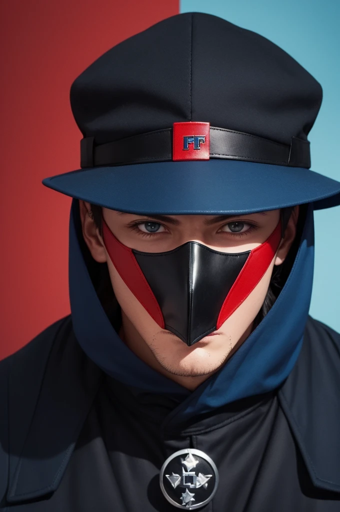 I want a male character who wears a black cap with a red letter f with a black mask with red details, a blue coat closing and a blue cause and blue shoes with black 
