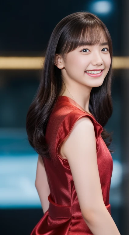 8k, Tabletop, RAW Photos, Highest quality, Realistic, 非常に精細なCG Unity 8k壁紙, Depth of written boundary, Cinematic Light, Lens flare, Ray Tracing, (Very beautiful face, Beautiful Lips, Beautiful Eyes), Exquisitely detailed face, ((Highly detailed skin)) One Girl, In the Dark, Deep Shadow, Cute Korean Girl, K-Pop Idols, 1 girl, (Very slim and slender fit muscular body:1.3), ((View your viewers)),(Big smile:1.3), (Fashion City Night, Dark Night, (Neon Signs), (Blurred Background), Fashion Street Night),(No people in the background:1.3), Beautiful earrings, bracelet, necklace, pantyhose, Clear Eyes, walk, (Pale skin), (Big eyes), Look forward, (Brown Hair), (Full Body Shot), ((Silk Chinese Dress:1.3)), ((Tight Fit Dress)), , (View your viewers:1.3) Open chest, Very slim, Medium chest, Backtrack, (Buckshot), Ass Focus, In front of eyebrows,(Tight dress), Thick thighs、Embarrassed expression、