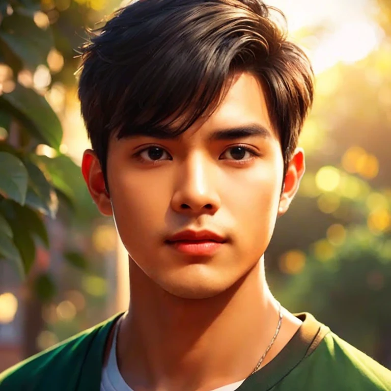 Close-up photo, A young Southeast Asian man with a round face., Short, cropped hair,black eyes,abdominal muscles, perfect body, outdoor, Warm light, The morning sun shines beautifully., (digital painting, HDR, high contrast), 3d, 8k, 45,000,000 pixcls, realistically,