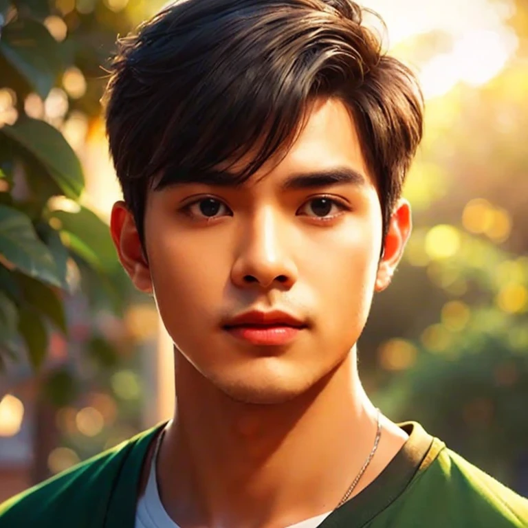 Close-up photo, A young Southeast Asian man with a round face., Short, cropped hair,black eyes,abdominal muscles, perfect body, outdoor, Warm light, The morning sun shines beautifully., (digital painting, HDR, high contrast), 3d, 8k, 45,000,000 pixcls, realistically,