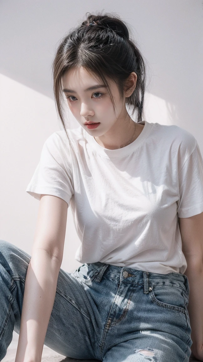 Create a realistic portrait of twin girl with long, dark hair tied in ponytails, both wearing casual white t-shirts with graphic prints and ripped jeans. They are sitting close together, giving a sense of companionship and unity. The background is simple and minimalistic, with soft lighting that casts subtle shadows, highlighting their features and expressions. The overall mood of the image is modern and stylish, with a touch of casual elegance.