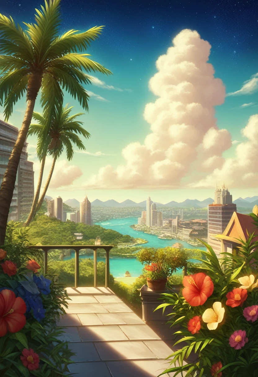 A painting of a Highly detailed, beautiful landscape, Futuristic city fantasy city, metropolitan,  theme park, resort, tropical area, city middle of tropical island, beautiful beach, concept art inspired by Tosa Mitsuoki, pixiv contest winner, best quality, fantasy art, beautiful anime scene, , dream painting, Anime Background Art, Fantasy Landscape Art, Fantasy Night, Anime Background, Background Artwork, Fantastic Art, Atmospheric Anime, Starry Sky, Detail Enhanced.

