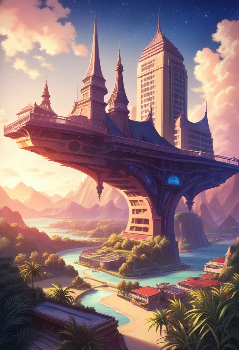 A painting of a Highly detailed, beautiful landscape, Futuristic city fantasy city, metropolitan,  theme park, resort, tropical area, city middle of tropical island, beautiful beach, concept art inspired by Tosa Mitsuoki, pixiv contest winner, best quality, fantasy art, beautiful anime scene, , dream painting, Anime Background Art, Fantasy Landscape Art, Fantasy Night, Anime Background, Background Artwork, Fantastic Art, Atmospheric Anime, Starry Sky, Detail Enhanced.
