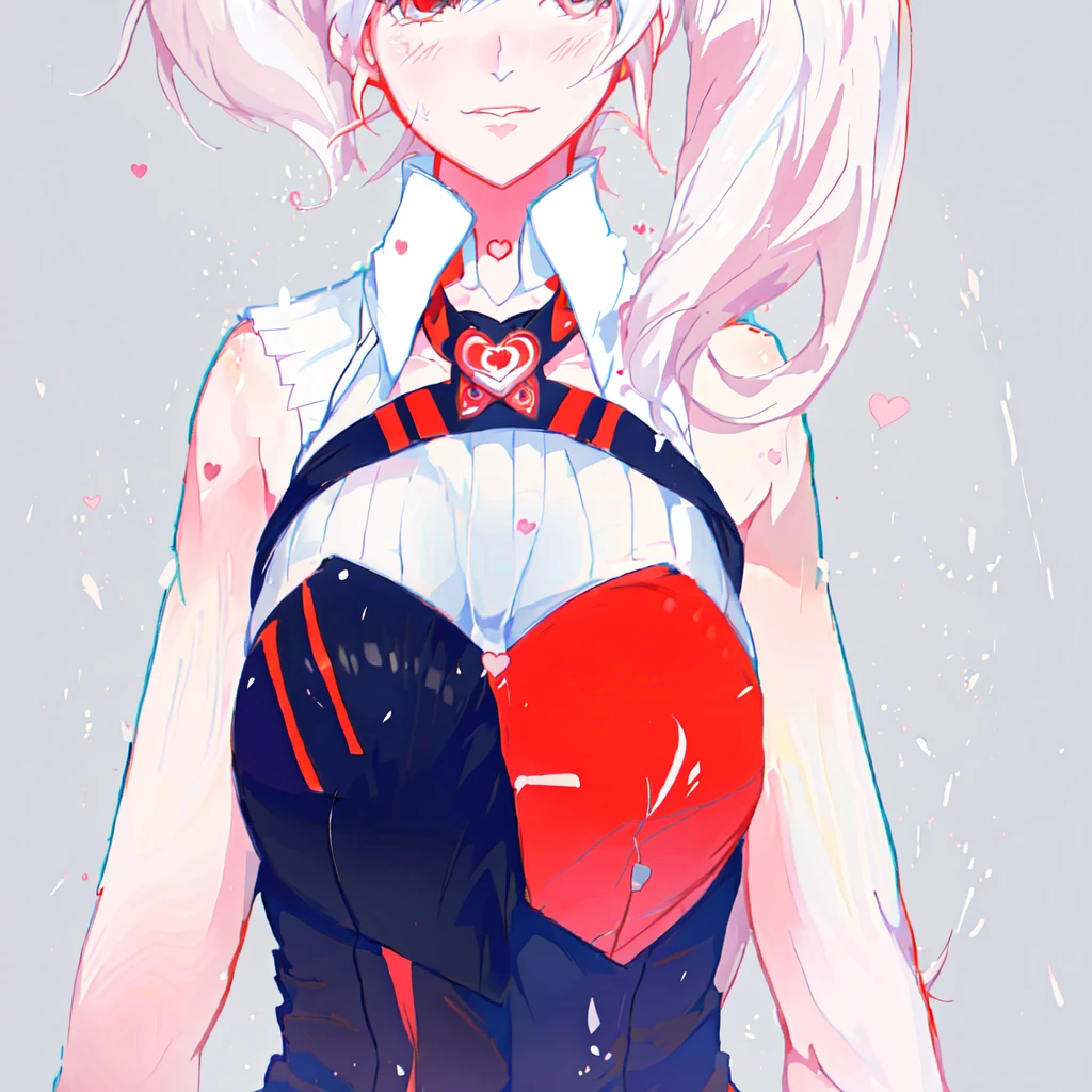 anime girl with white hair and a red heart on her chest, yandere. tall, junko enoshima from danganronpa, gapmoe yandere, yandere, digital art from danganronpa, yandere intricate, [[[[grinning evily]]]], attractive matoi ryuko, kantai collection style, heart emblem on chest