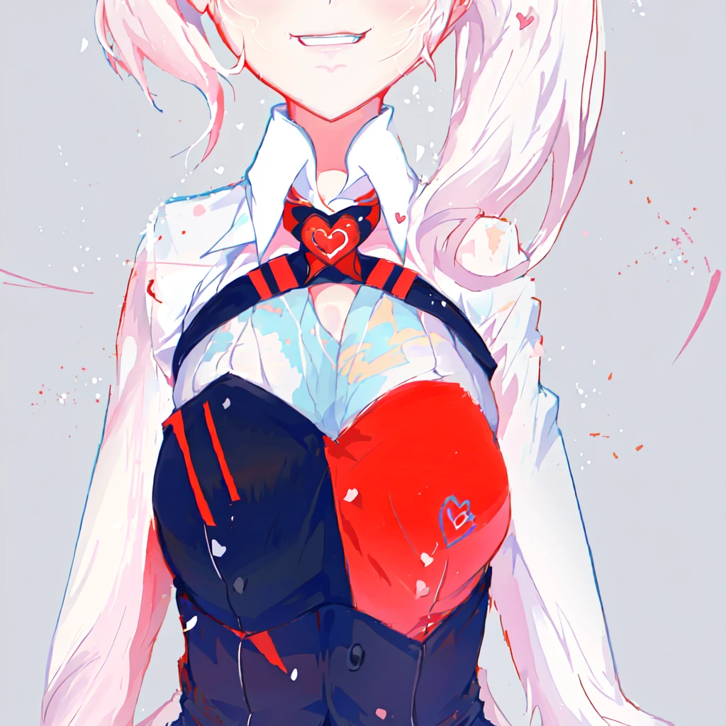 anime girl with white hair and a red heart on her chest, yandere. tall, junko enoshima from danganronpa, gapmoe yandere, yandere, digital art from danganronpa, yandere intricate, [[[[grinning evily]]]], attractive matoi ryuko, kantai collection style, heart emblem on chest