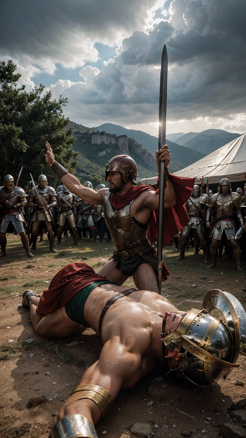 An intense, hyper-realistic sword battle between Spartans and Persians during the Battle of Thermopylae. The scene is chaotic and filled with many soldiers in view. Spartan warriors, clad in red capes and bronze helmets, are locked in fierce combat with Persian soldiers in their elaborate armor. Swords clash, shields are raised, and the ground is littered with fallen warriors. The background shows the narrow pass of Thermopylae, with rugged cliffs and a dramatic, cloudy sky. The overall ambiance is gritty and intense, capturing the ferocity and desperation of the legendary battle."






