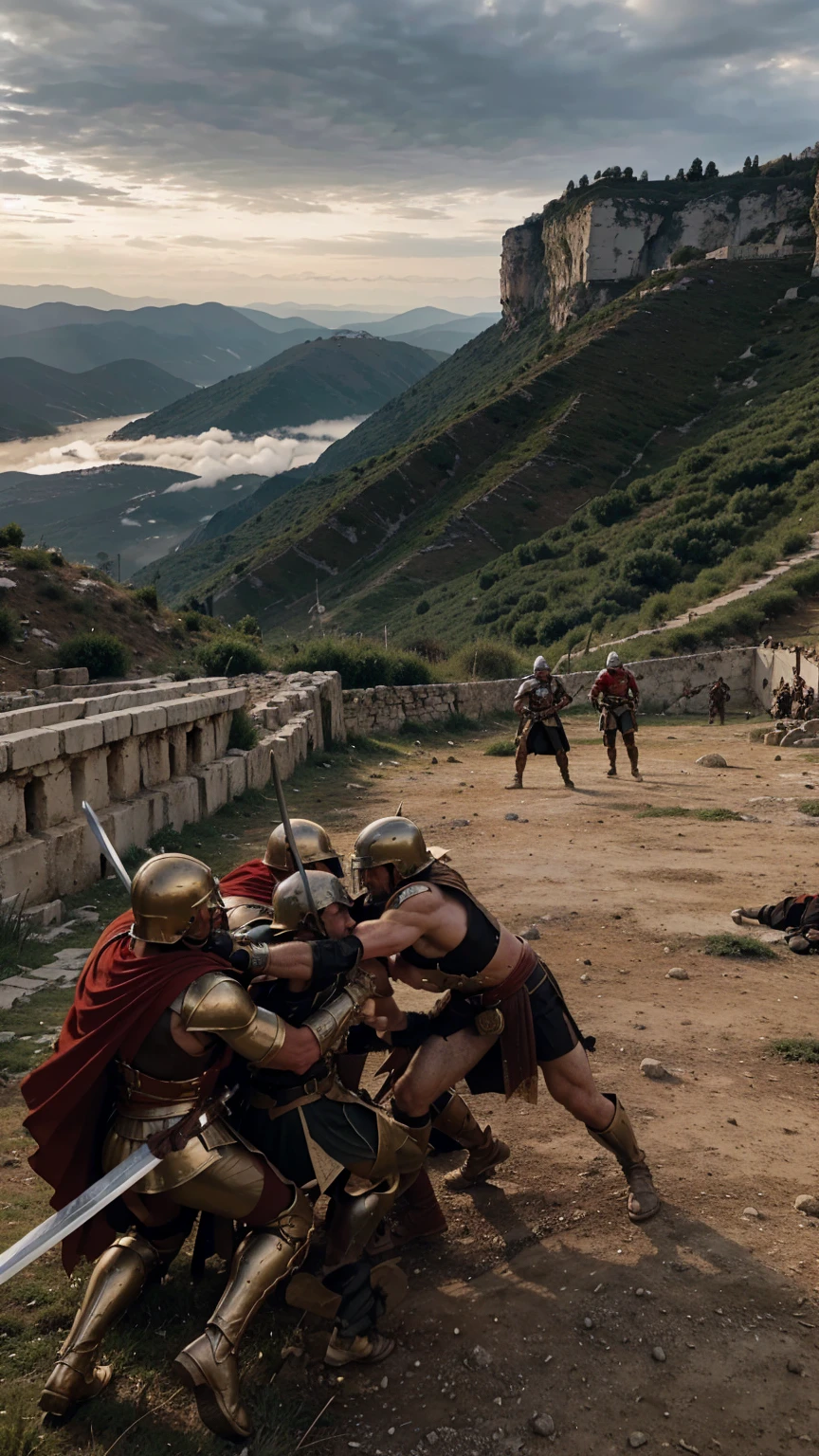 An intense, hyper-realistic sword battle between Spartans and Persians during the Battle of Thermopylae. The scene is chaotic and filled with many soldiers in view. Spartan warriors, clad in red capes and bronze helmets, are locked in fierce combat with Persian soldiers in their elaborate armor. Swords clash, shields are raised, and the ground is littered with fallen warriors. The background shows the narrow pass of Thermopylae, with rugged cliffs and a dramatic, cloudy sky. The overall ambiance is gritty and intense, capturing the ferocity and desperation of the legendary battle."






