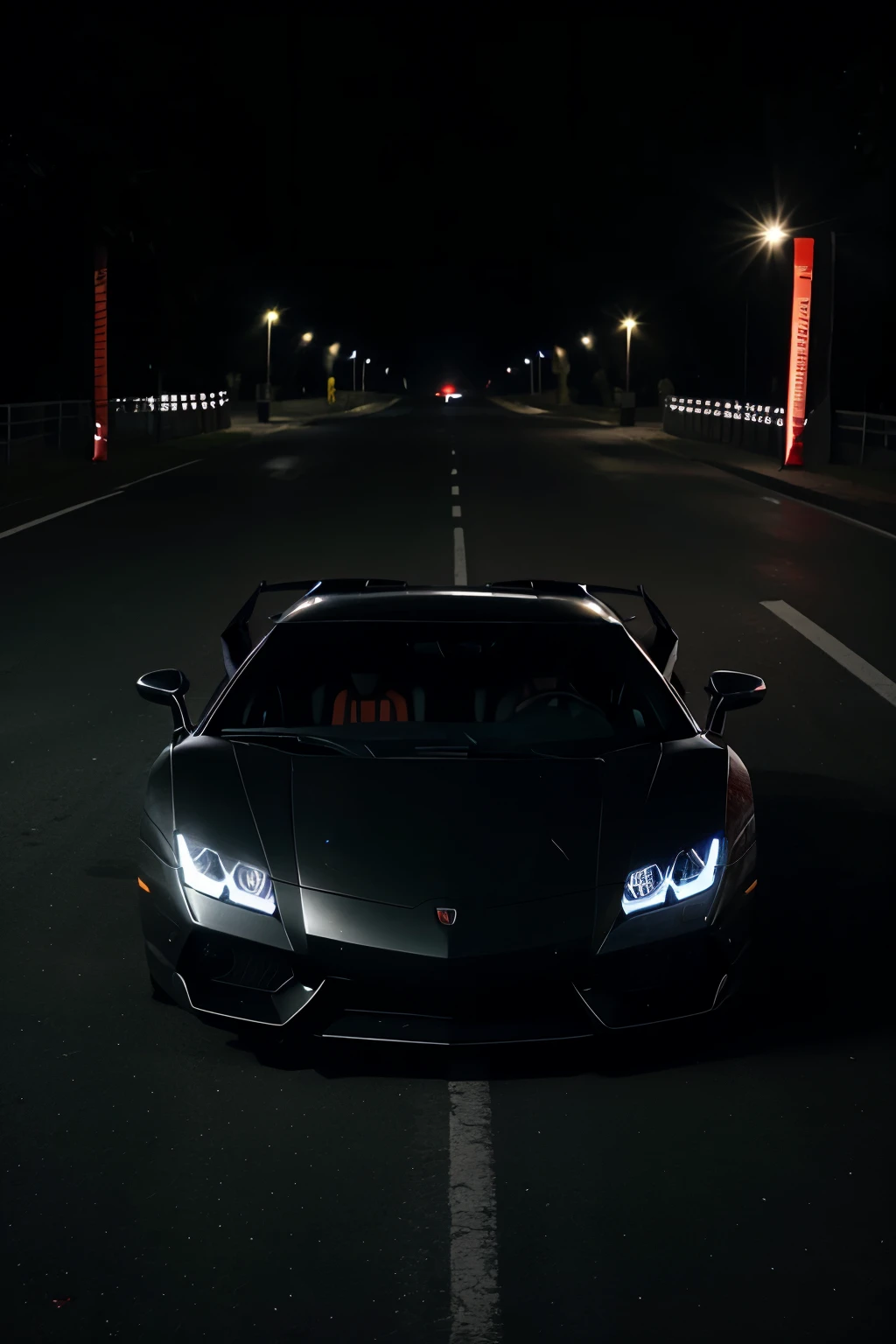 A Lamborghin car, the design on it is black and blood,also having pic like crows,=wings, red eye etc. The car is standing on a road in midnight, there is full of darkness. realistic and giving