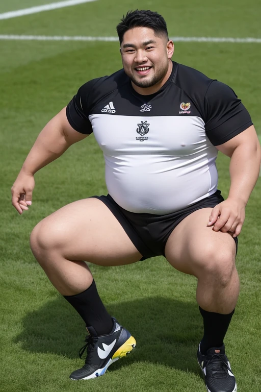 ((highest quality)), ((masterpiece)), (detailed), ((Perfect Face)), 4k, Shaved head, Young Japanese, Muscular, Fat body, Very big man, smile, ((showing off crotch)) A large Japanese man shirtless、whole body、Rugby player、Thick legs、Thick arm muscles、Intimidating、whole body、((wearing a very tight and very short black-shorts)), (shirtless)、((At the rugby field)), haka dance, (Sit on the grass and spread thighs very wide)