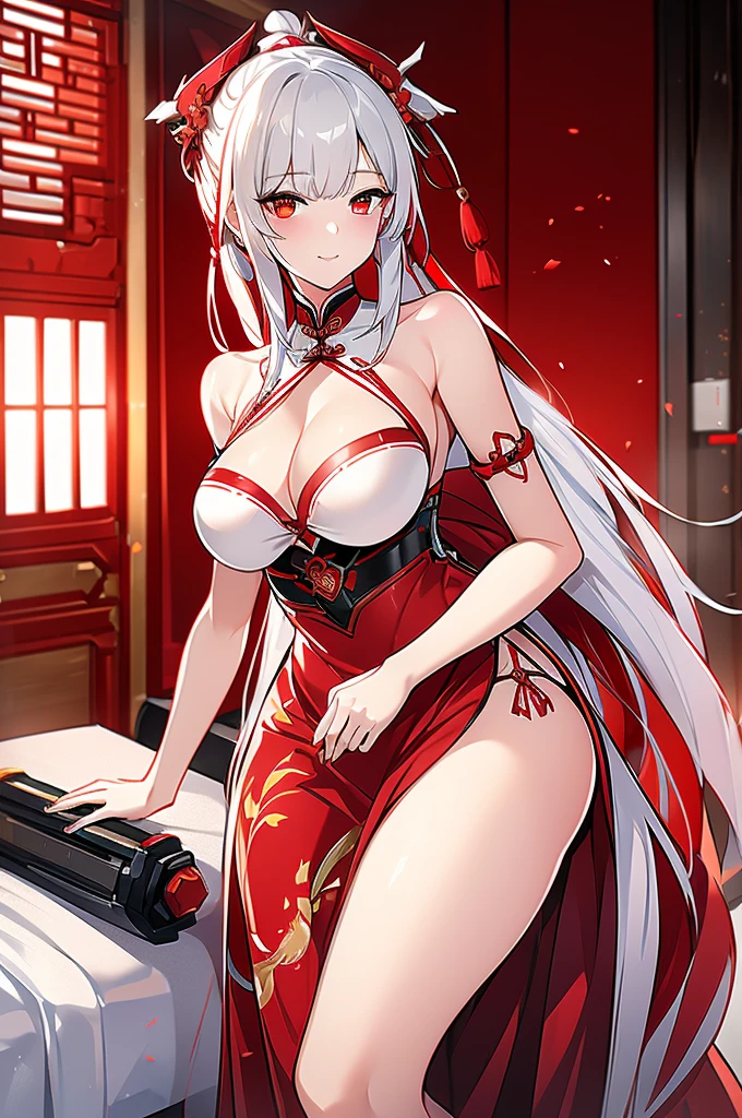 Silver and long hair、Red eyes、woman、美しいwoman、Large Breasts、White Machine Skin、The whole body of the machine、Mechanical joints、A mechanical body made entirely of red and white、sword、A revealing red and white Chinese dress、Cheongsam with cleavage visible、chinese style background、indoor