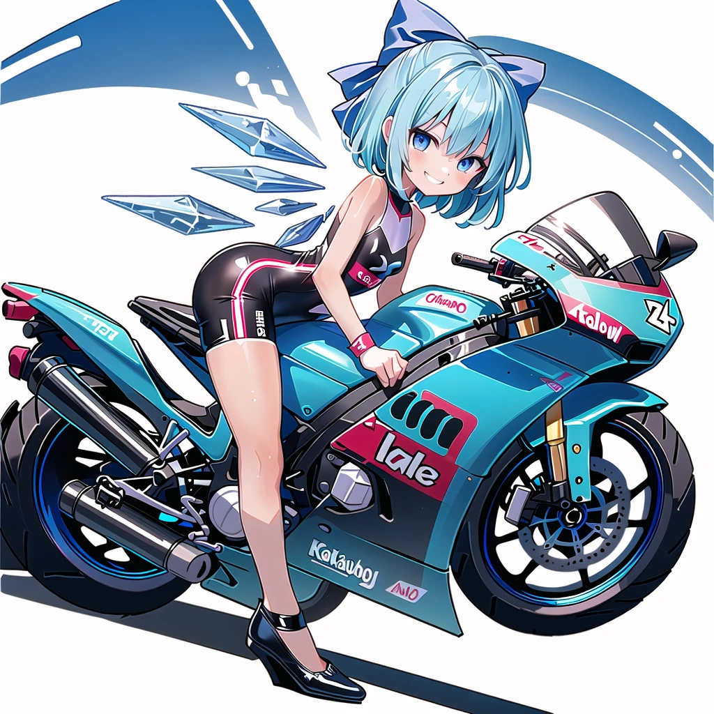 (((one girl))),(((tanned cirno))), (touhou),(((short hair,blue hair))),ice wings,(((blue eyes))),(((bangs))),(((motorcycle racing wear))),(((blue hair bow))),(((grin))),(((full body))),(((small breasts))),(((simple white background))),(((Side angle)))