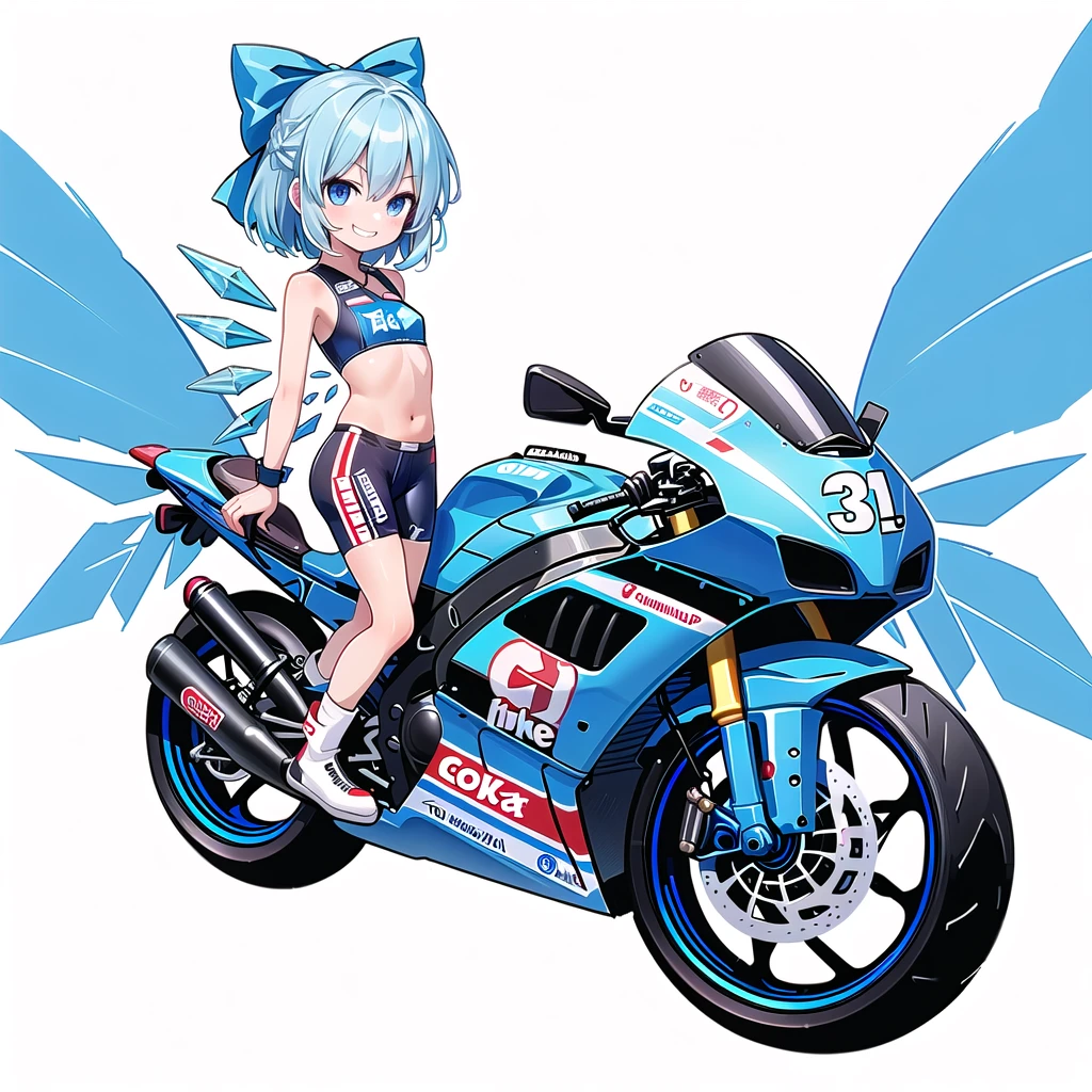 (((one girl))),(((tanned cirno))), (touhou),(((short hair,blue hair))),ice wings,(((blue eyes))),(((bangs))),(((motorcycle racing wear))),(((blue hair bow))),(((grin))),(((full body))),(((small breasts))),(((simple white background))),(((Side angle)))