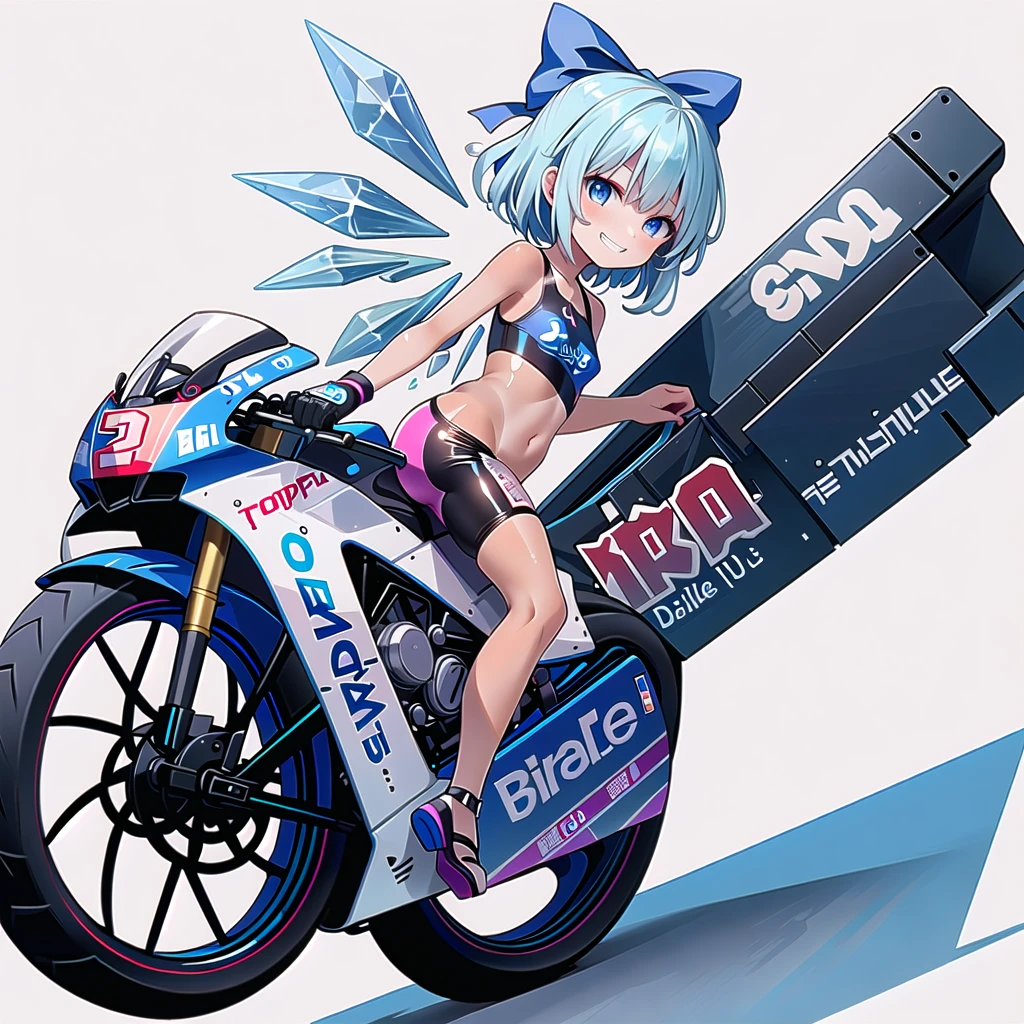 (((one girl))),(((tanned cirno))), (touhou),(((short hair,blue hair))),ice wings,(((blue eyes))),(((bangs))),(((motorcycle racing wear))),(((blue hair bow))),(((grin))),(((full body))),(((small breasts))),(((simple white background))),(((Side angle)))